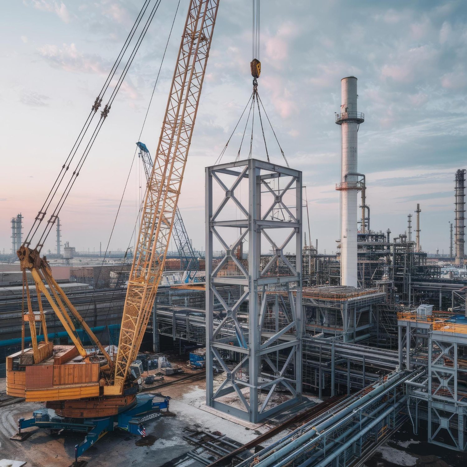 Heavy crane erecting steel structure roof trusses